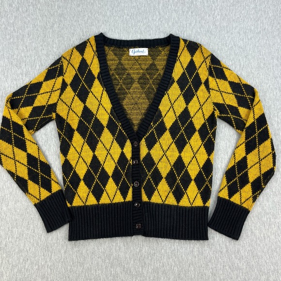 Garland Sweaters - Vintage Garland Argyle Cardigan Sweater Womens S Yellow Black Orlon Acrylic 60s
